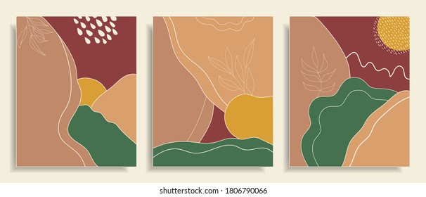 Afiches de fondo abstractos de otoño con formas líquidas dibujadas a mano y líneas de líneas de curvas. Plantilla de diseño contemporáneo con patrón paisajístico en colores otoñales. Cartel de otoño, volante. Ilustración vectorial.