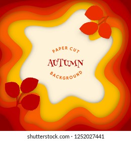 Autumn abstract background. Square card with 3D paper cut shapes and fall leaves with shadows. Colorful carving art. Vector design layout.