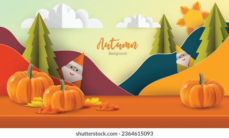 Autumn abstract background studio table, product display with origami trees and hills.