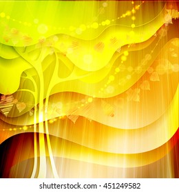 Autumn abstract background with tree and different gold leaves. Bokeh lights fall vector illustration