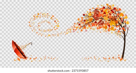Autumn abstract background with tree and falling colourful leaves and umbrella. Vector