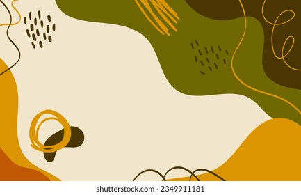 Autumn abstract banner with place for text in green, brown, orange colors. Natural background for Thanksgiving, saling organic products, cosmetics. Autumn landscape with doodle elements