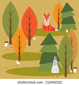 autumn abstract  cartoon  forest background with funny geometric animals