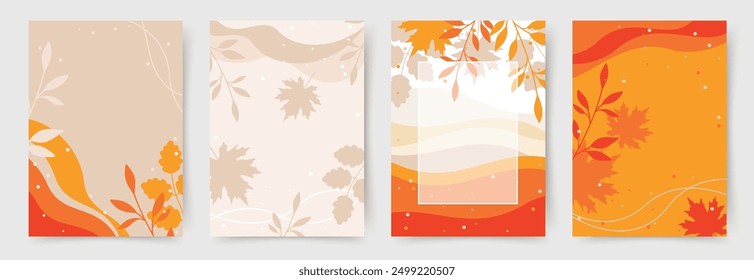 Autumn abstract colorful Background. Fall season and Thanksgiving theme. Editable vector templates with leaves and geometric pattern. Nature elements for poster, banner, cover, card, Sale, advertising