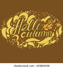 Autumn abstract concept from leaves and lettering on a brown background.
