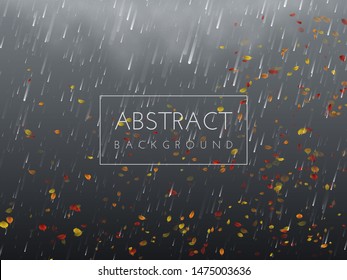 Autumn abstract dark background. Cloud and fog, falling autumn leaves, wind, heavy rain. Vector illustration.
