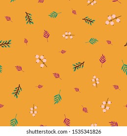 Autumn abstract doodle berries and leaves seamless vector pattern purple mustard orange pink teal. Flowers and leaves repeating background in fall colors. For surface design, fabric, Thanksgiving