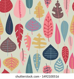 Autumn abstract doodle leaves background. Scandinavian style seamless vector pattern. Red pink gold blue leaf elements illustration. Use for fall decoration, Thanksgiving card, fabric, kids textiles
