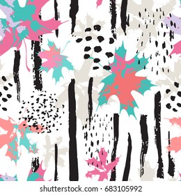 Autumn abstract drawing on striped background. Modern vector illustration with falling leaves, splash, grunge textures, rough brush strokes, doodles. Creative seamless pattern with hand drawn shapes