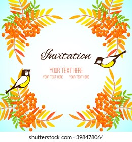  Autumn abstract floral frame from colorful leafs and rowan berries on white and blue background. Invitation card with leaves and  birds. Vector illustration  