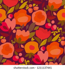 Autumn abstract floral orange seamless pattern. Red and pink decorative flowers in retro vintage style.