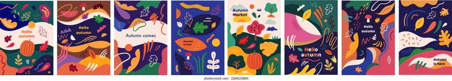 Autumn abstract flyers. Posters A3 format with autumn illustrations. Set of eight trendy vector templates