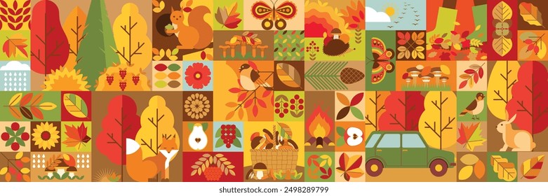 Autumn abstract geometric background with forest plants and animals. Creative autumnal banner with elements of nature and recreation in the forest. Pattern, decorative texture, wallpaper