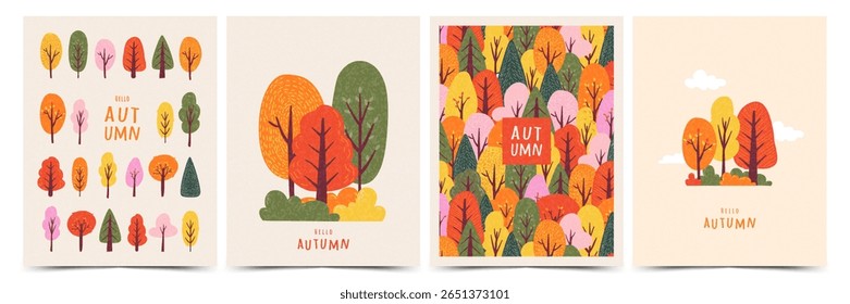Autumn abstract greeting card, banner, poster or cover set, with bright colorful trees, forest, plants. Vector fall designe template for web, print, ads, social media, season decor