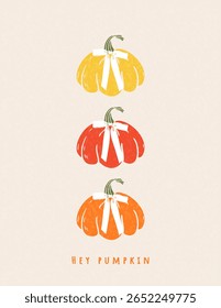 Autumn abstract greeting card, banner, poster, cover, with bright colorful pumpkins with bows. Vector fall template for web, print, ads, social media, season decor, flyer design.
