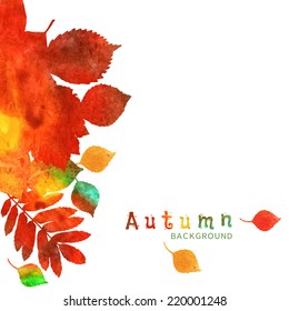 Autumn abstract hand drawn watercolor texture background with leaves, invitation greeting card design, vector illustration