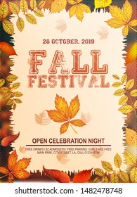 Autumn abstract layout party invitation background template or flyer. Fall Color palette with colored fall leaves and grunge lettering. Vector EPS 10