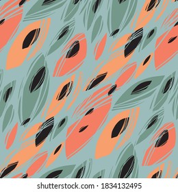 Autumn abstract leaves seamless pattern for background, fabric, textile, wrap, surface, web and print design. orange and teal bio shapes rapport for textile and surface design. 