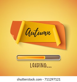 Autumn abstract paper banner with loading bar on orange background. Vector illustration.