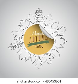 Autumn abstract paper style background, circle from papercut leafs with sign, drawed style