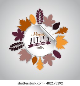 Autumn abstract paper style background, circle from papercut leafs with sign, white style