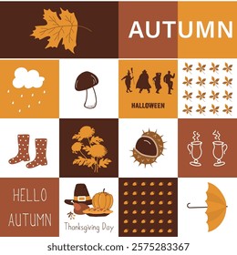 Autumn Abstract Pattern. Seamless Geometric Print with Fall Elements. Square Background. Autumn Leaves, Umbrella, Halloween Silhouettes, Thanksgiving Food, Coffee, Rain. Vector in Yellow, Brown, White