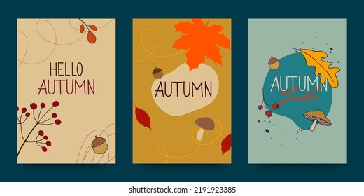Autumn abstract poster in modern hipster style. Templates for the design of autumn banners, posters, advertising, postcards, sales. Trendy modern art with autumn leaves. Vector