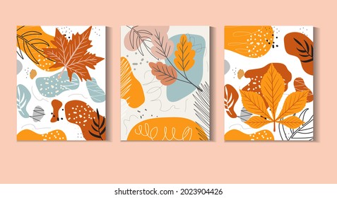 Autumn Abstract poster set in modern hipster style.Trendy contemporary art with autumn leaves. Vector illustration.