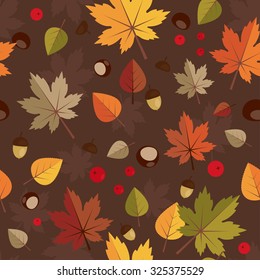 Autumn abstract seamless background  with maple leaves, chestnut, acorn, rowanberry, sorb, aspen, basswood. Back to school. Vector illustration. Wonderful elements to your design.