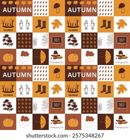 Autumn Abstract Seamless Pattern. Geometric Print with Fall Elements. Square Background. Autumn Leaves, Umbrella, Halloween Silhouettes, Pumpkin, Thanksgiving, Coffee. Vector in Yellow, Brown, White