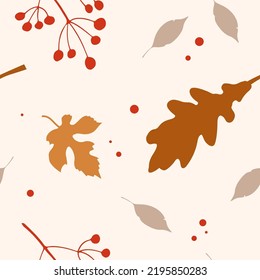 Autumn abstract seamless pattern in modern hipster style. Autumn leaves, berries, spots. Trendy modern art with autumn elements. Vector illustration