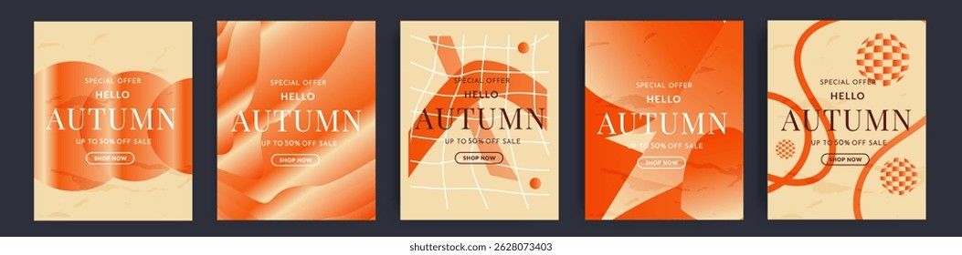 Autumn abstract set of 70s. Modern gradient patterns in retro style. Background Texture for sales, cover, social media, poster, header,  fashion ads. Sale offer 50%. Vector Illustration
