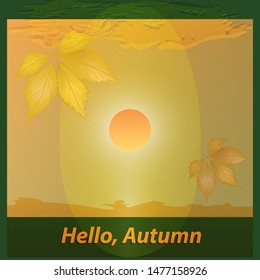 Autumn abstract still life - hello autumn - leaves - green yellow background - illustration, vector