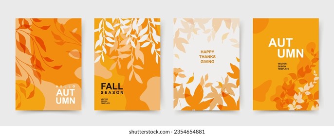 Autumn abstract universal backgrounds. Minimal modern design with orange leaves. Templates for wedding invitation, advertisement, holiday, branding, banner, cover, label, poster, social media post