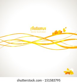 Autumn abstract vector background. Orange waves and leaves.