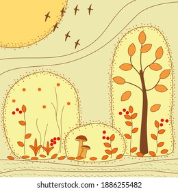 Autumn. Abstract vector illustration with autumn trees, bushes, migratory birds on a beige background