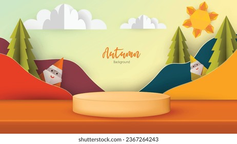 Autumn abstract vector paper craft landscape,  with podium or table for your design. 