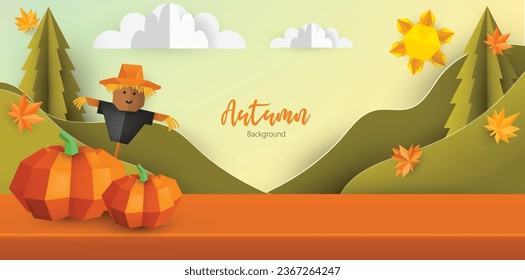 Paisaje artesanal de papel vector abstracto de otoño, con podio o mesa para su diseño. 