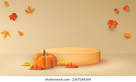 Autumn abstract vector podium or table for your design with photo realistic pumpkin