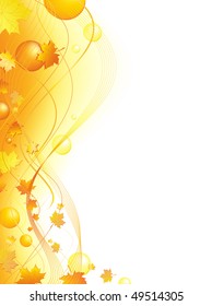 autumn abstract wavy frame with maple leaves and balls in golden. Copyspace for your text