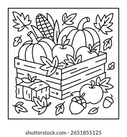 Autumn Abundance Coloring Sheet – Cute Harvest Basket with Fall Produce