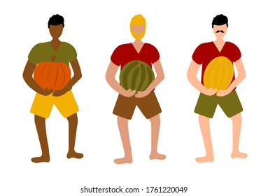 
Autumn abundance of harvest. Set of multinational men are holding a pumpkin, melon and watermelon.