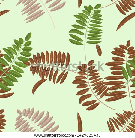 Autumn acacia leaf seamless pattern. Soft pastel light green background and bench with green, broun and yellow leaves for wallpapers