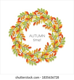 Autumn acacia leaves. Vector background, round frame, border. Autumn time. Poster. Concept template