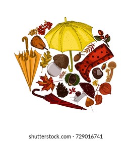 Autumn accessories gathered in circle. Fall concept hand drawn illustration.