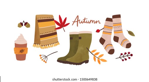 Autumn accessories hand drawn vector illustration. Traditional fall season attributes and typography composition. Foliage, berries warm clothes and creamy drink isolated on white background.