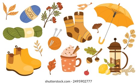 Accesorios de otoño dibujado a mano Ilustración vectorial. Atributos tradicionales de la temporada de otoño y composición tipográfica. Follaje, bayas, ropa de abrigo y bebida cremosa aislado sobre fondo blanco.