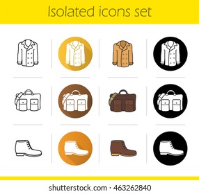 Autumn accessories icons set. Flat design, linear, black and color styles. Jacket, leather bag and boot. Men's clothing. Isolated vector illustrations