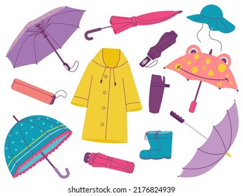 Autumn accessories, umbrella and raincoat, fall boots. Minimal style parasol, creative opened and closed umbrellas. Isolated seasonal protection decent vector elements