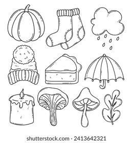 Autumn accessories vector set. Winter hat, warm socks, umbrella, piece of pie, candle, mushroom, cloud, pumpkin, leaf